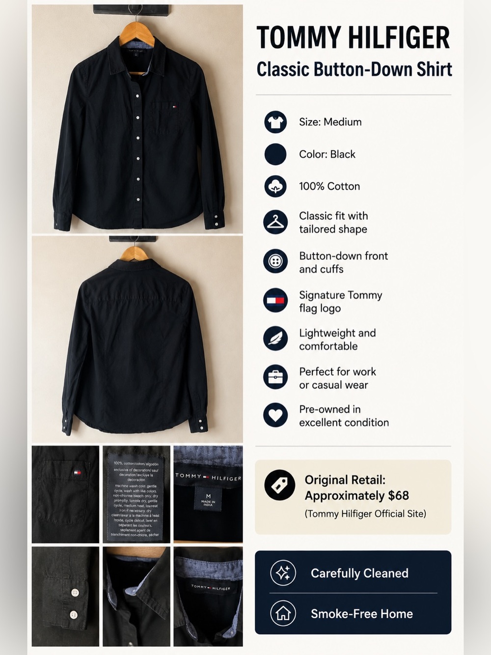 Tommy Hilfiger Men’s Black Cotton Button-Down Shirt – Medium